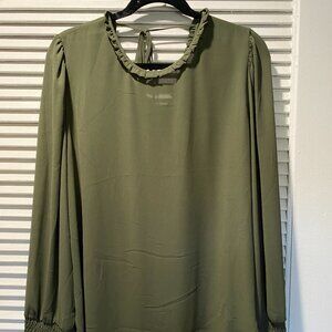 Loft Olive Green Long Sleeved V-Back Tie Blouse